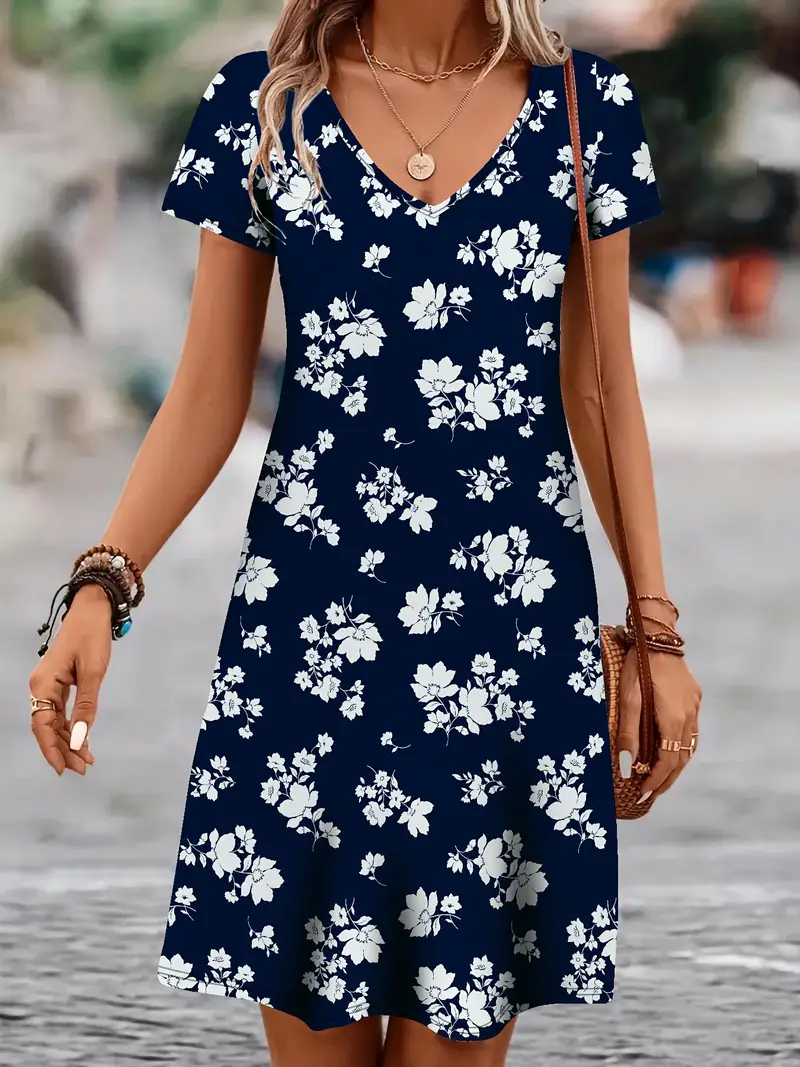 Damen Geblümt Kurzarm Sommer Print Kleid V-Ausschnitt Täglich Lässig Knielänge T-Shirt-Kleid H-Linie Kleid