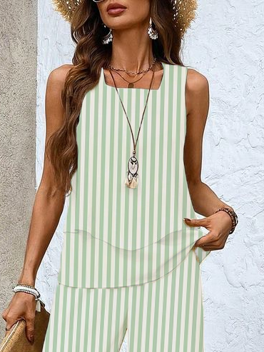 Damen Gestreift Print Zweiteiliges Set Täglich Ärmellos Lässig Sommer Bluse mit Hose Matching Set