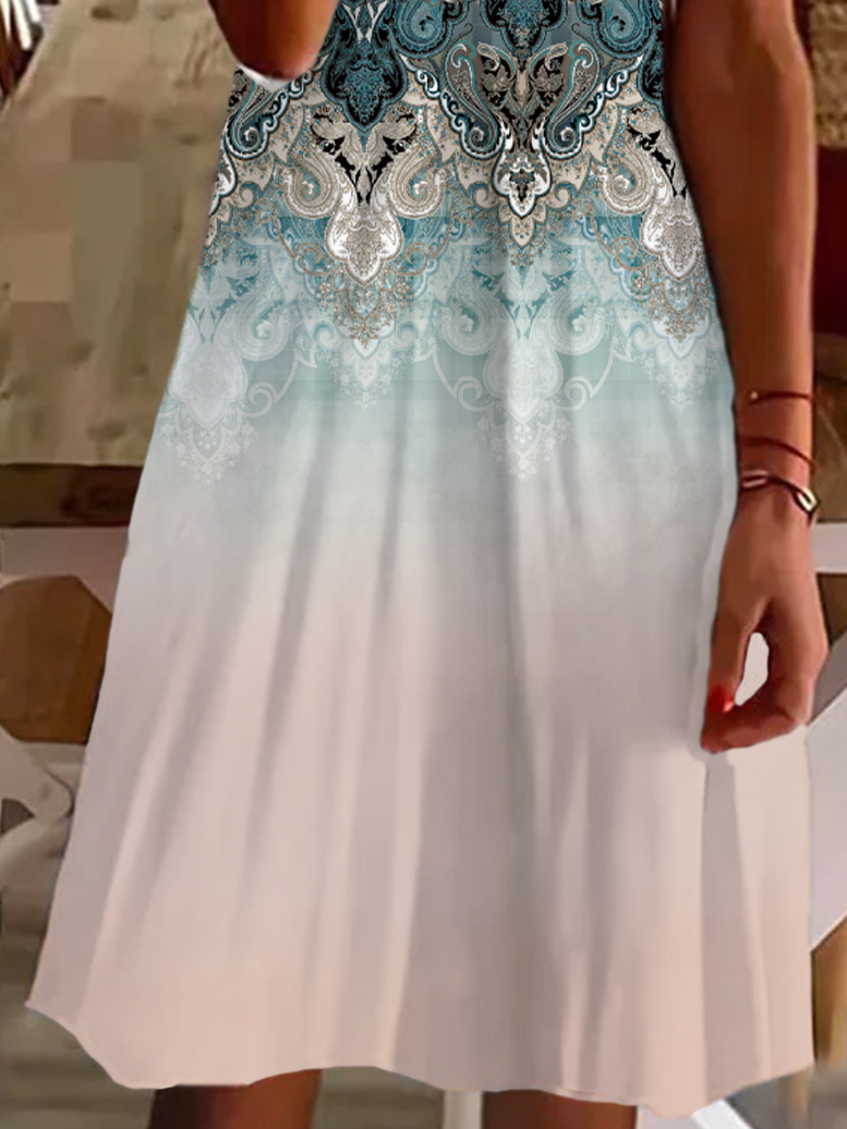Damen Geblümt Kurzarm Sommer Print Kleid V-Ausschnitt Täglich Lässig Knielänge T-Shirt-Kleid H-Linie Kleid