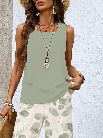 Damen Geblümt Zweiteiliges Set Täglich Ärmellos Lässig Sommer Bluse mit Hose Matching Set