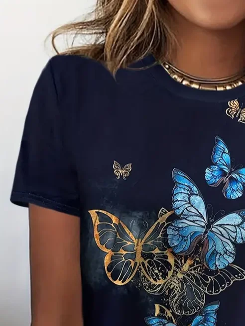 Damen Schmetterling Kurzarm T-Shirts T-Shirt Rundhals Print Lässig Sommer T-Shirt mit Grafik Oberteile