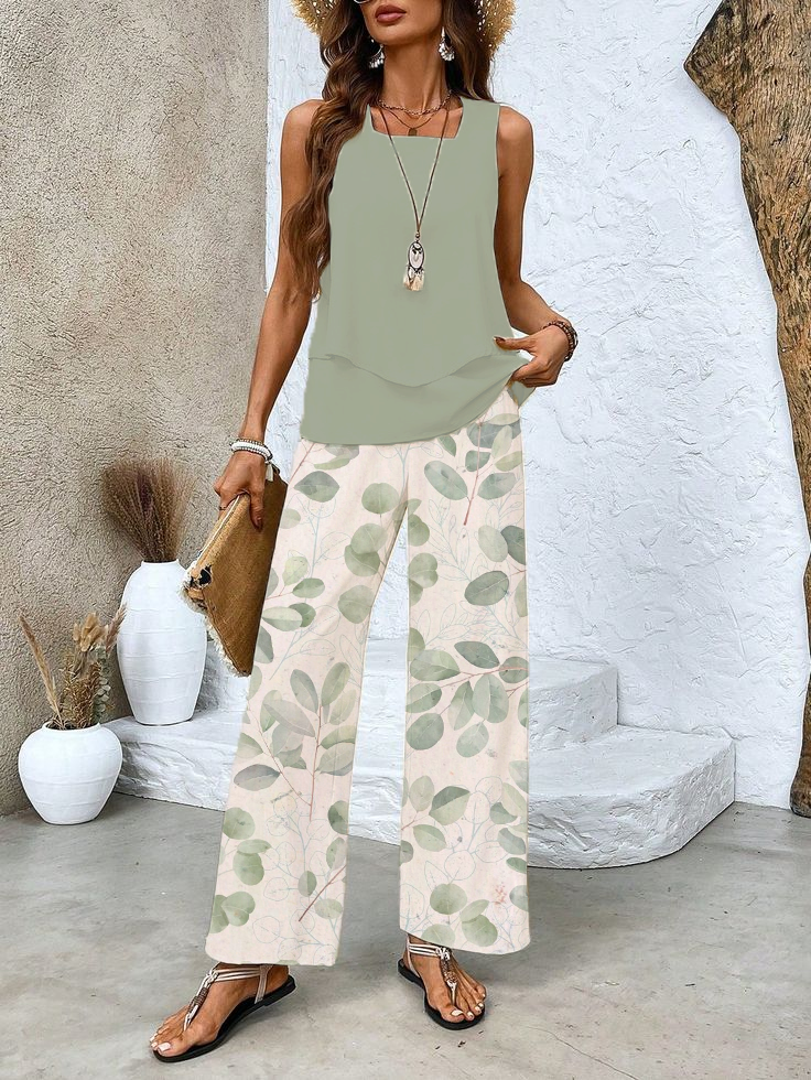 Damen Geblümt Zweiteiliges Set Täglich Ärmellos Lässig Sommer Bluse mit Hose Matching Set