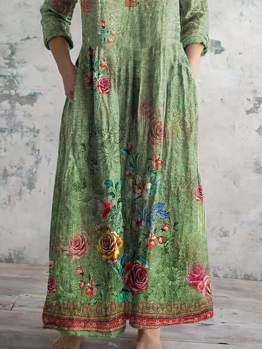 Damen Langarm Frühling/Herbst 3d Drucken Kleid V-Ausschnitt Urlaub Ausgehen Retro Maxikleid T-Shirt-Kleid A-Linien-Kleid