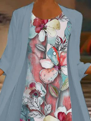 Damen Geblümt Print Zweiteiliges Set Täglich Dreiviertelärmel Lässig Frühling/Herbst Mantel mit Rock Matching Set