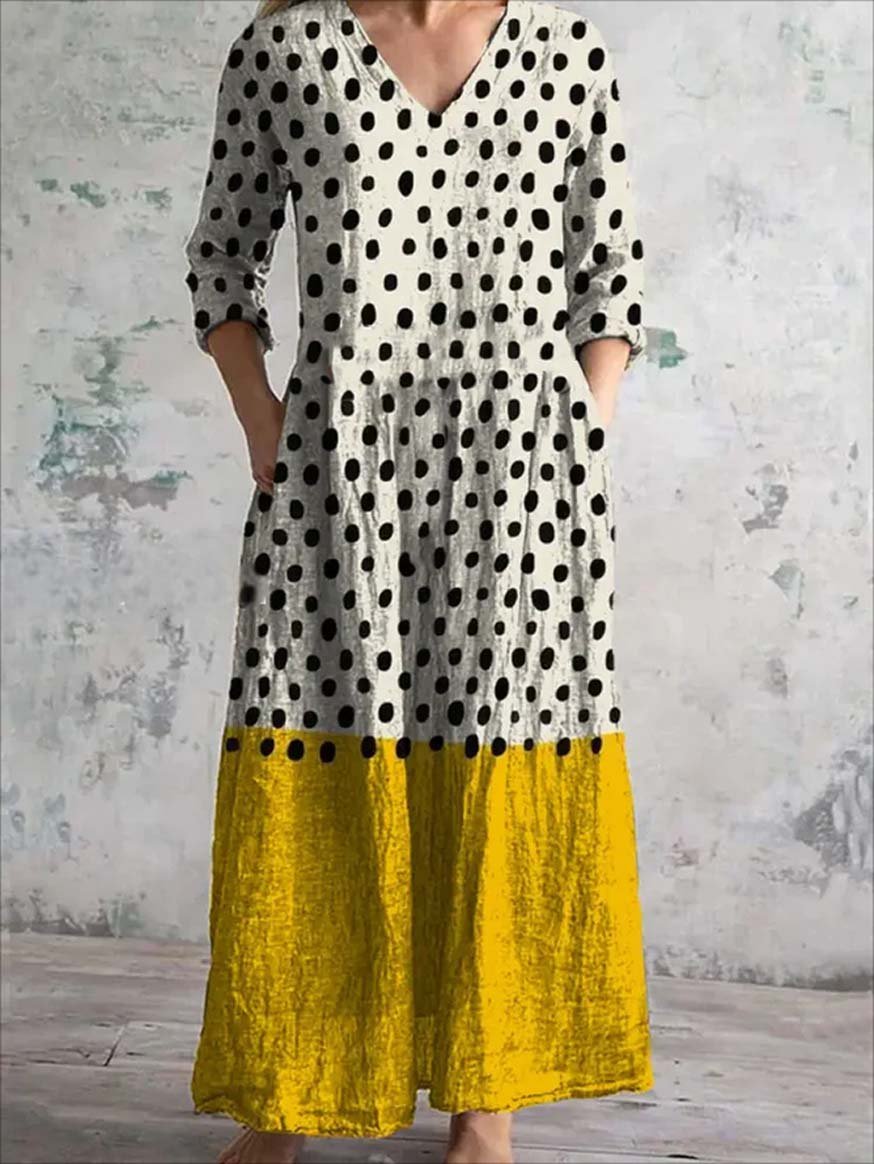 Damen Langarm Frühling/Herbst Polka Dots Kleid V-Ausschnitt Urlaub Ausgehen Retro Maxikleid T-Shirt-Kleid A-Linien-Kleid