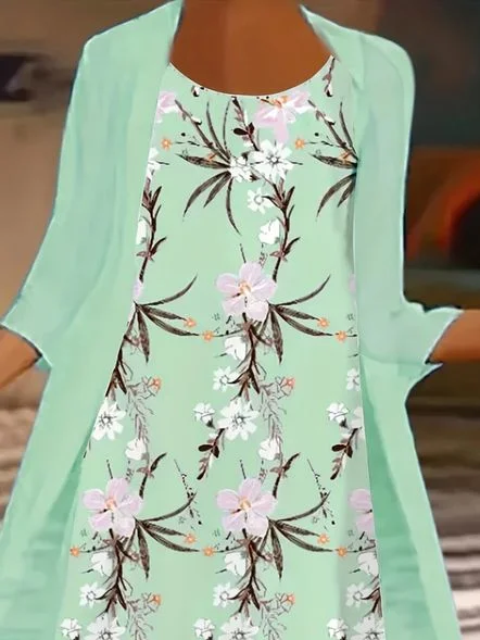 Damen Geblümt Print Zweiteiliges Set Täglich Dreiviertelärmel Lässig Frühling/Herbst Mantel mit Rock Matching Set