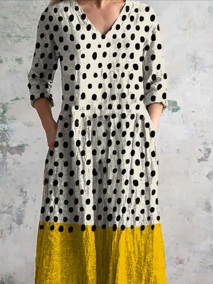 Damen Langarm Frühling/Herbst Polka Dots Kleid V-Ausschnitt Urlaub Ausgehen Retro Maxikleid T-Shirt-Kleid A-Linien-Kleid