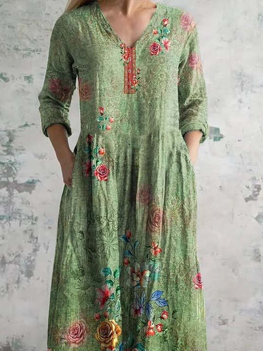 Damen Langarm Frühling/Herbst 3d Drucken Kleid V-Ausschnitt Urlaub Ausgehen Retro Maxikleid T-Shirt-Kleid A-Linien-Kleid