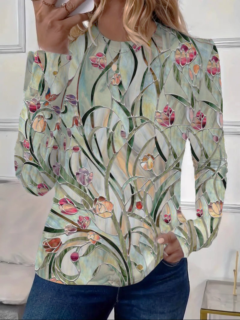 Damen Geblümt Langarm T-Shirts T-Shirt Rundhals Print Lässig Frühling/Herbst T-Shirt mit Grafik Oberteile