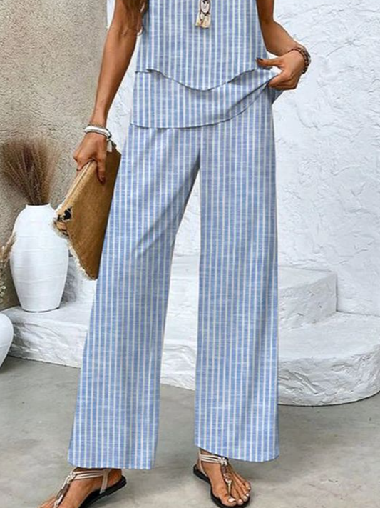 Damen Gestreift Zweiteiliges Set Täglich Ärmellos Lässig Sommer Bluse mit Hose Matching Set