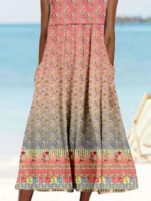 Damen Ethnisch Ärmellos Sommer Kleid Rundhals Täglich Retro Maxikleid Tanktop A-Linien-Kleid