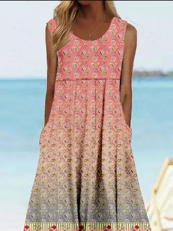 Damen Ethnisch Ärmellos Sommer Kleid Rundhals Täglich Retro Maxikleid Tanktop A-Linien-Kleid