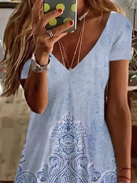 Damen Geblümt Kurzarm Sommer Print Kleid V-Ausschnitt Täglich Lässig Knielänge T-Shirt-Kleid H-Linie Kleid