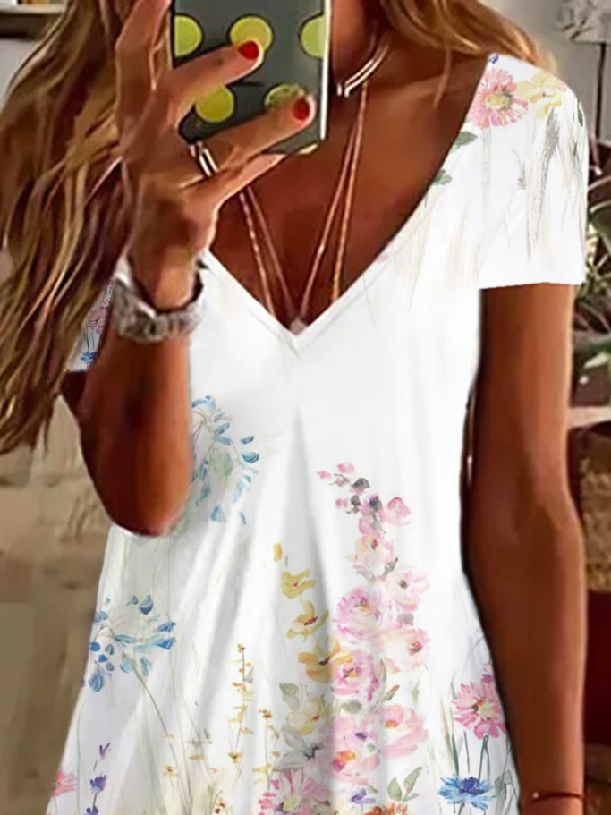 Damen Geblümt Kurzarm Sommer Print Kleid V-Ausschnitt Täglich Lässig Knielänge T-Shirt-Kleid H-Linie Kleid