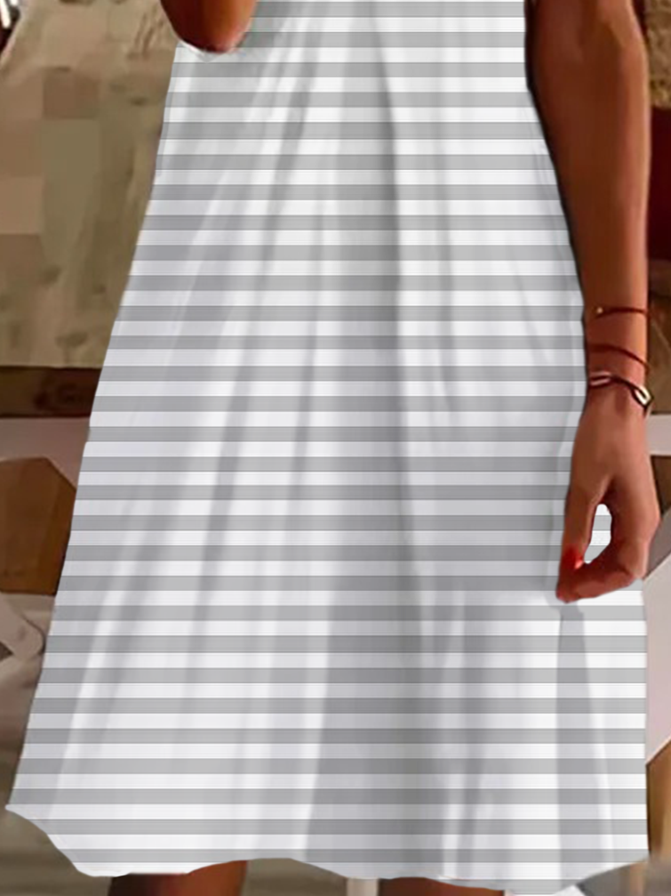 Damen Gestreift Kurzarm Sommer Print Kleid V-Ausschnitt Täglich Lässig Knielänge T-Shirt-Kleid H-Linie Kleid