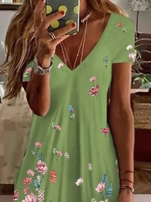 Damen Geblümt Kurzarm Sommer Print Kleid V-Ausschnitt Täglich Lässig Knielänge T-Shirt-Kleid H-Linie Kleid