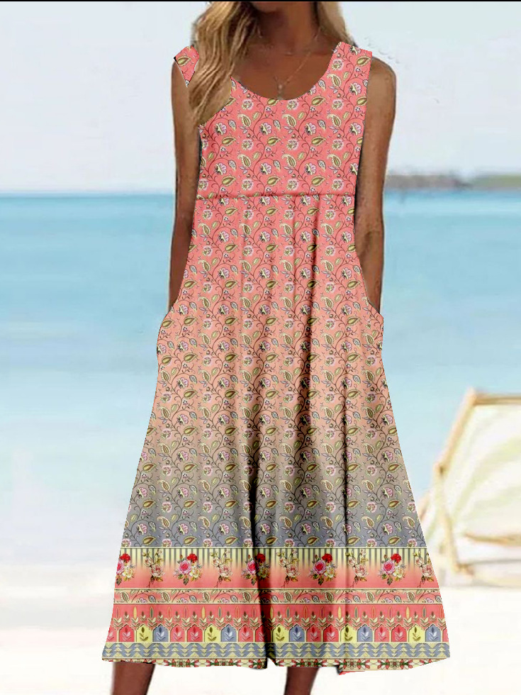 Damen Ethnisch Ärmellos Sommer Kleid Rundhals Täglich Retro Maxikleid Tanktop A-Linien-Kleid