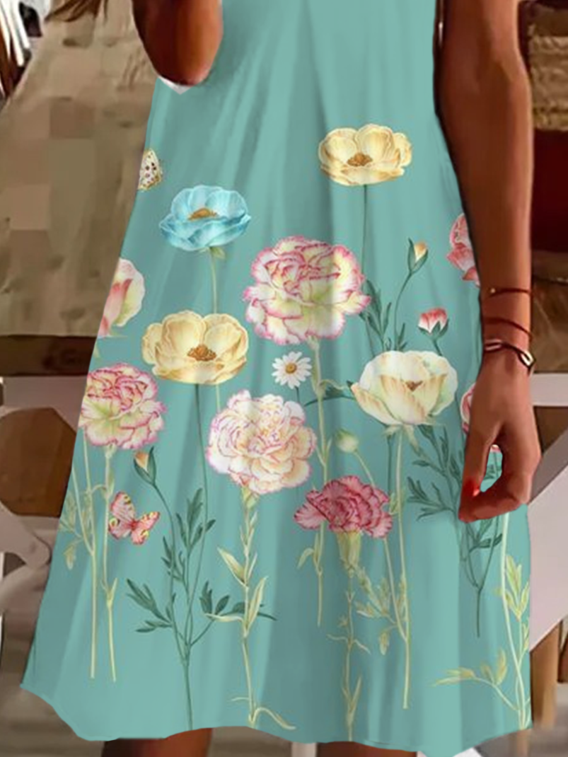 Damen Geblümt Kurzarm Sommer Print Kleid V-Ausschnitt Täglich Lässig Knielänge T-Shirt-Kleid H-Linie Kleid