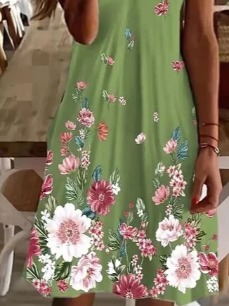 Damen Geblümt Kurzarm Sommer Print Kleid V-Ausschnitt Täglich Lässig Knielänge T-Shirt-Kleid H-Linie Kleid