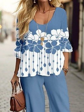 Damen Geblümt Print Zweiteiliges Set Täglich Langarm Lässig Frühling/Herbst Bluse mit Hose Matching Set