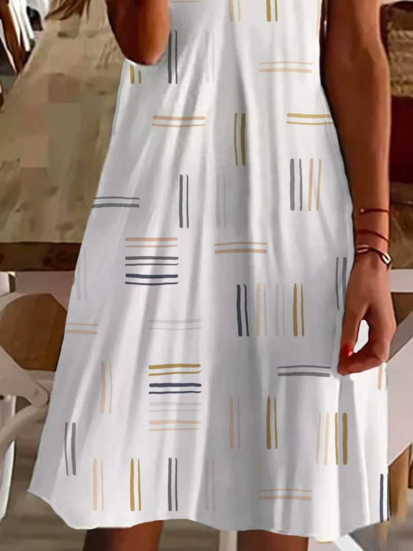 Damen Gestreift Kurzarm Sommer Print Kleid V-Ausschnitt Täglich Lässig Knielänge T-Shirt-Kleid H-Linie Kleid