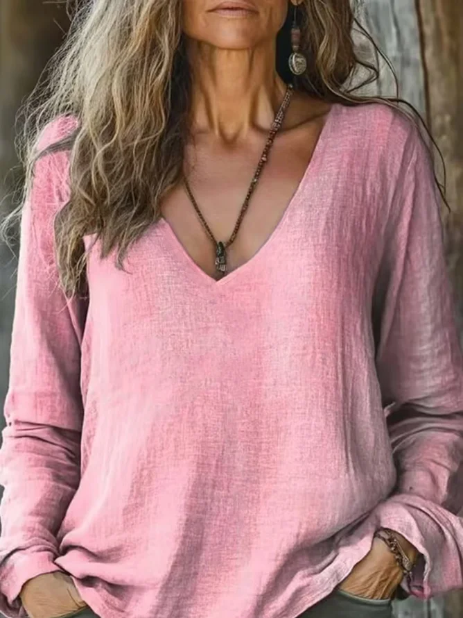 Damen Langarm T-Shirts T-Shirt Frühling/Herbst Unifarben Print V-Ausschnitt Lässig Oberteile
