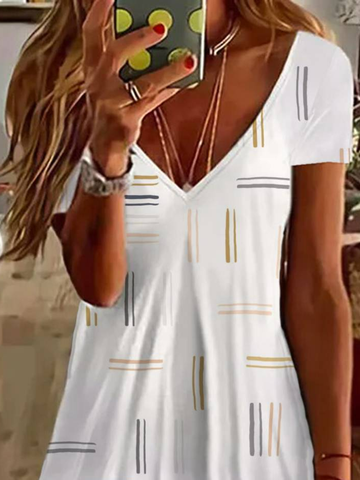 Damen Gestreift Kurzarm Sommer Print Kleid V-Ausschnitt Täglich Lässig Knielänge T-Shirt-Kleid H-Linie Kleid