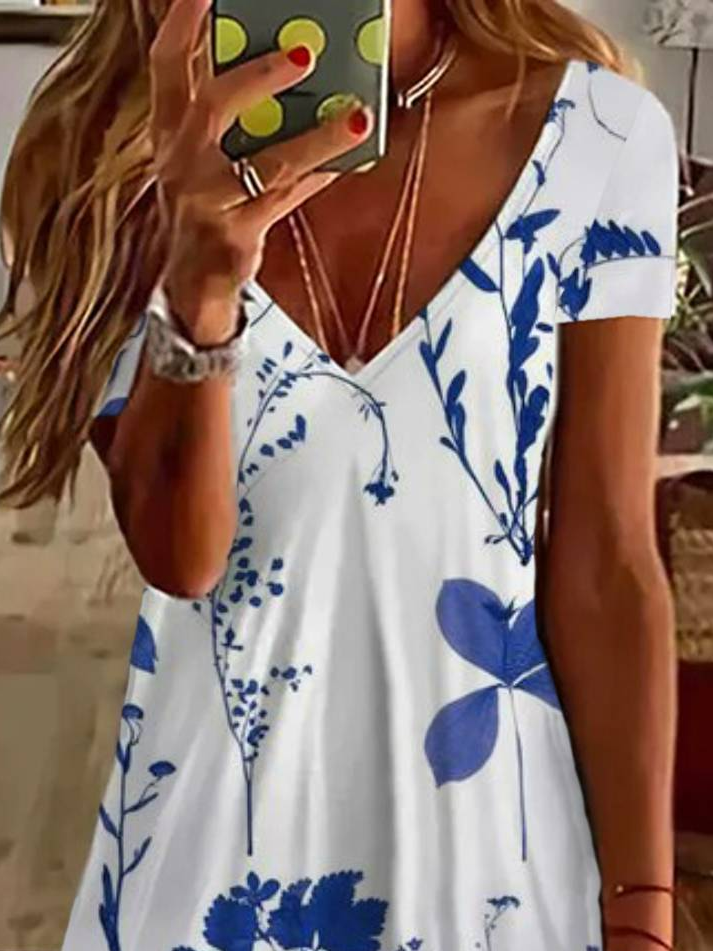 Damen Geblümt Kurzarm Sommer Print Kleid V-Ausschnitt Täglich Lässig Knielänge T-Shirt-Kleid H-Linie Kleid