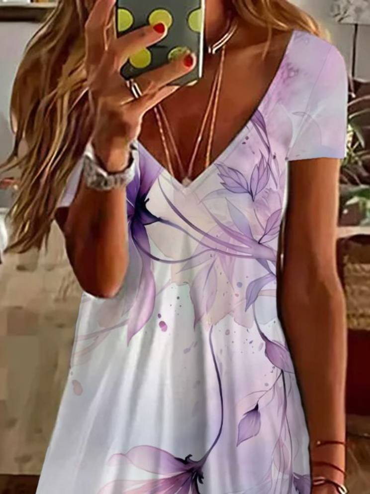 Damen Geblümt Kurzarm Sommer Print Kleid V-Ausschnitt Täglich Lässig Knielänge T-Shirt-Kleid H-Linie Kleid