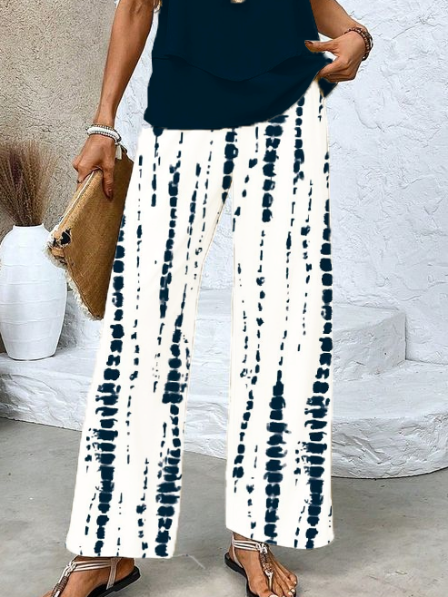 Damen abstrakte Streifen Print Zweiteiliges Set Täglich Ärmellos Lässig Sommer Bluse mit Hose Matching Set