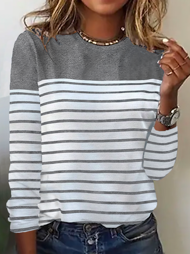 Damen Gestreift Langarm T-Shirts T-Shirt Rundhals Lässig Frühling/Herbst Oberteile