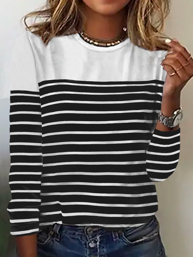 Damen Gestreift Langarm T-Shirts T-Shirt Rundhals Lässig Frühling/Herbst Oberteile