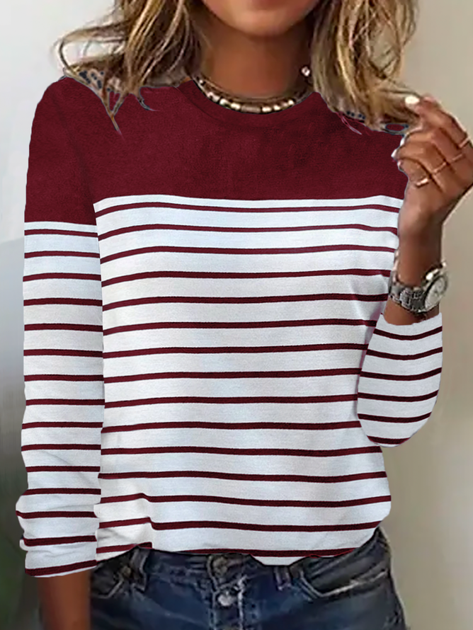 Damen Gestreift Langarm T-Shirts T-Shirt Rundhals Lässig Frühling/Herbst Oberteile