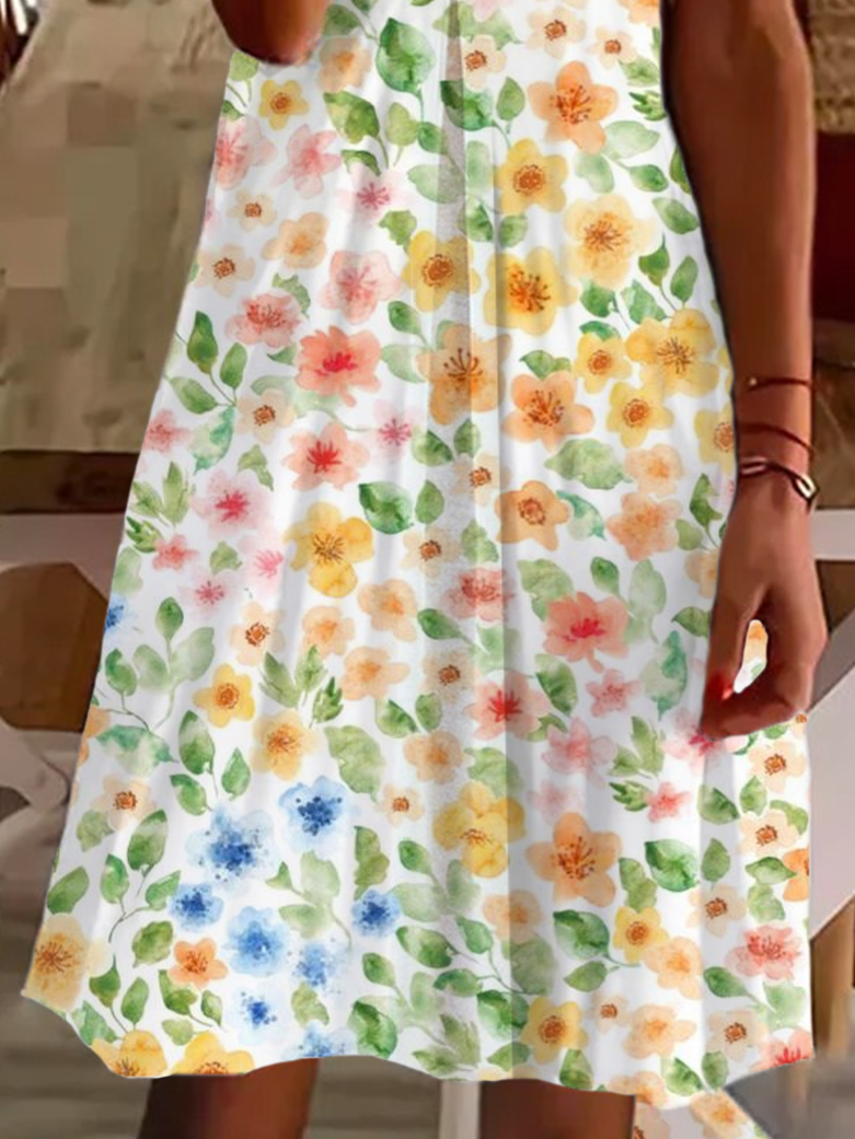 Damen Geblümt Kurzarm Sommer Print Kleid V-Ausschnitt Täglich Lässig Knielänge T-Shirt-Kleid H-Linie Kleid