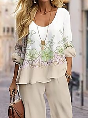 Damen Geblümt Print Zweiteiliges Set Täglich Langarm Lässig Frühling/Herbst Bluse mit Hose Matching Set