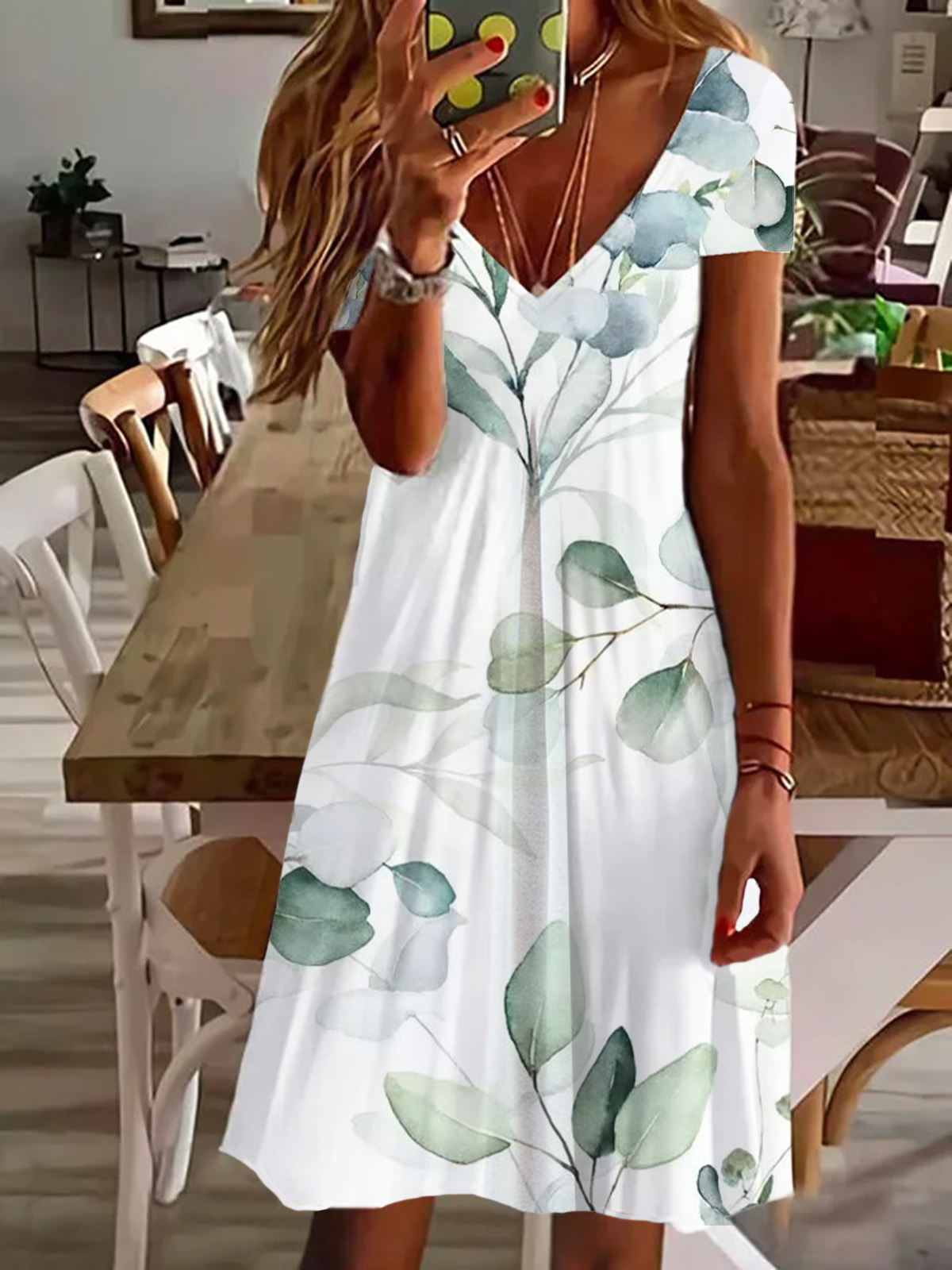 Damen Geblümt Kurzarm Sommer Print Kleid V-Ausschnitt Täglich Lässig Knielänge T-Shirt-Kleid H-Linie Kleid