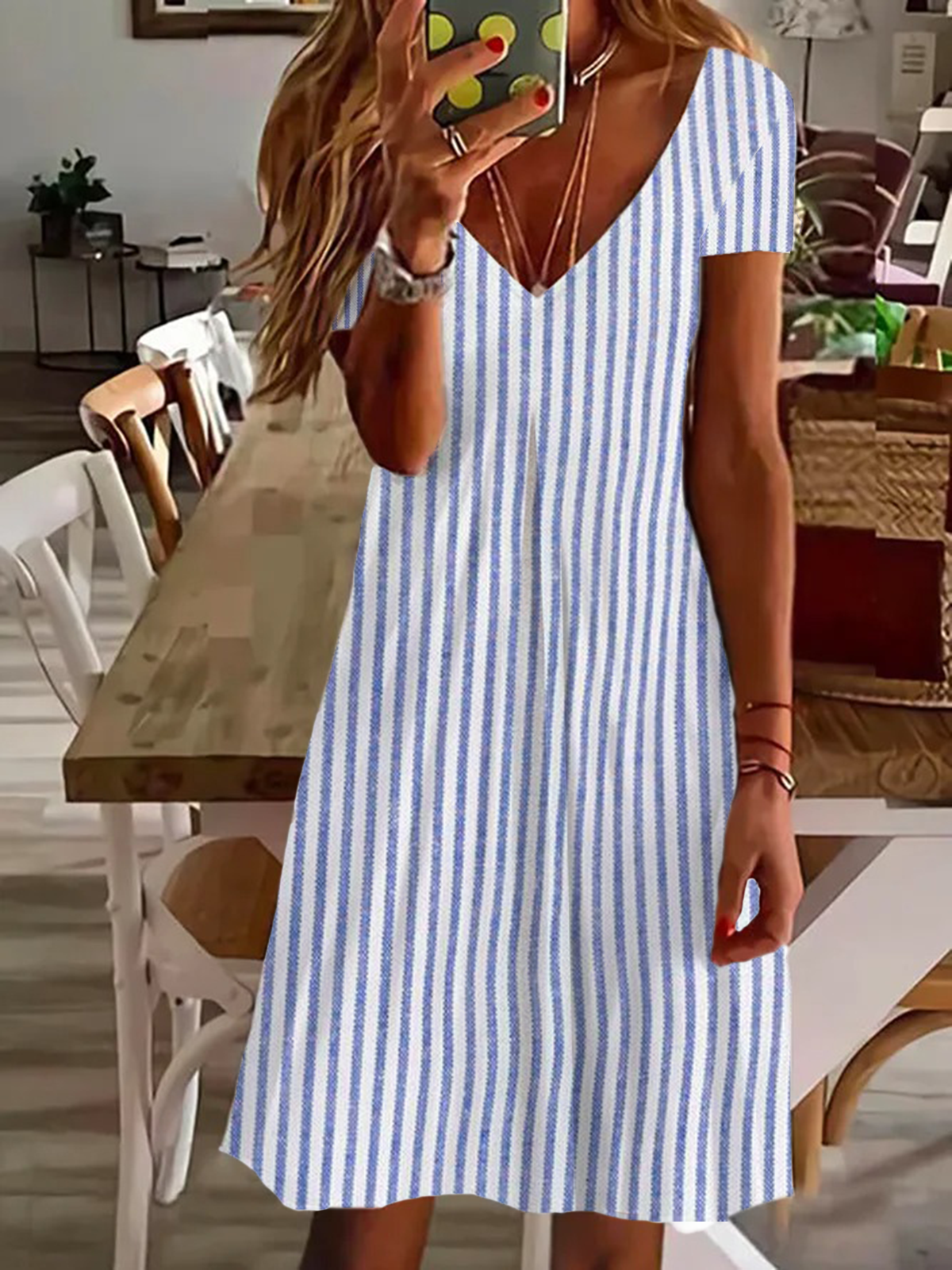 Damen Gestreift Kurzarm Sommer Print Kleid V-Ausschnitt Täglich Lässig Knielänge T-Shirt-Kleid H-Linie Kleid