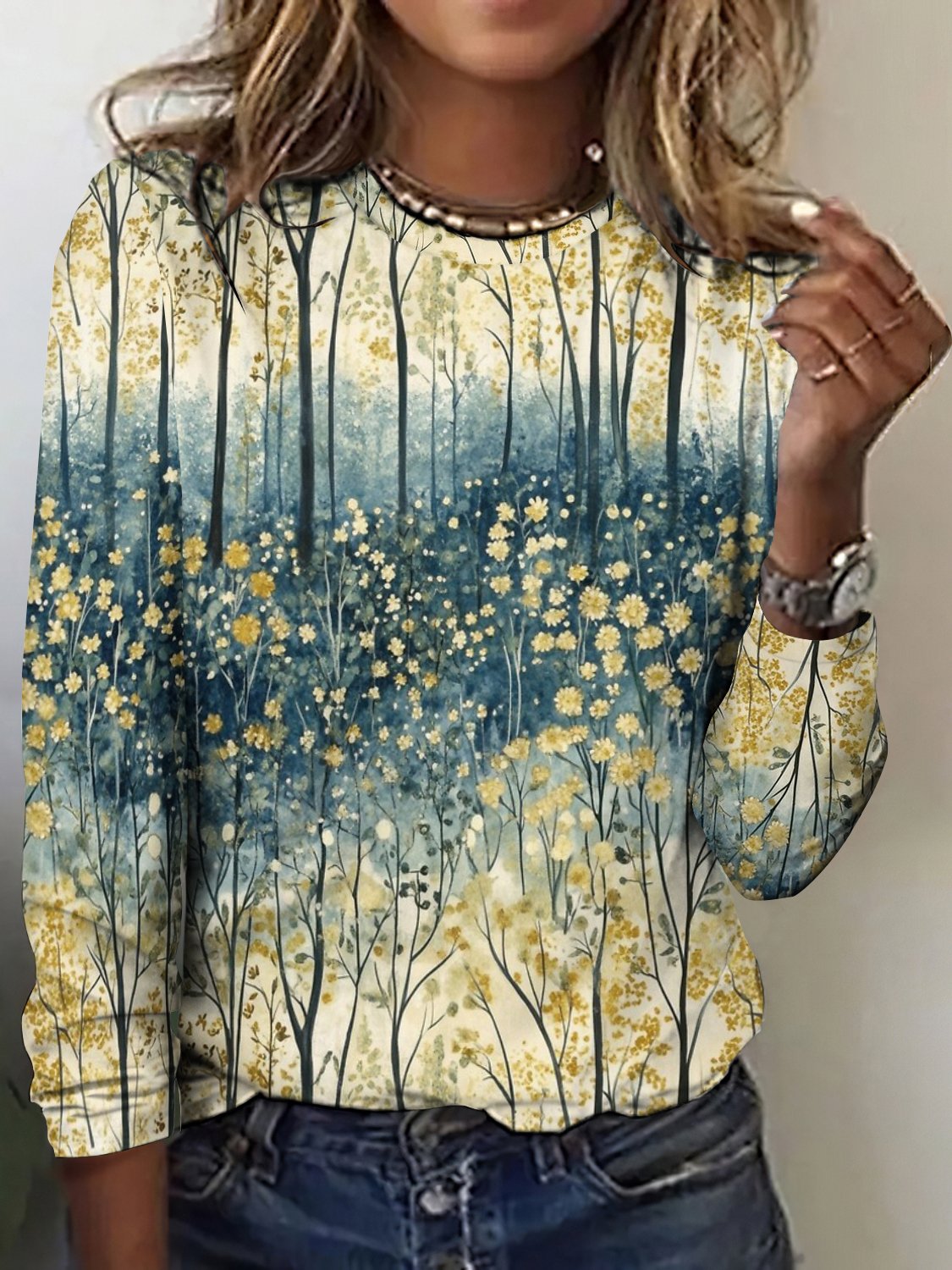 Damen Geblümt Langarm T-Shirts T-Shirt Rundhals Lässig Frühling/Herbst Oberteile