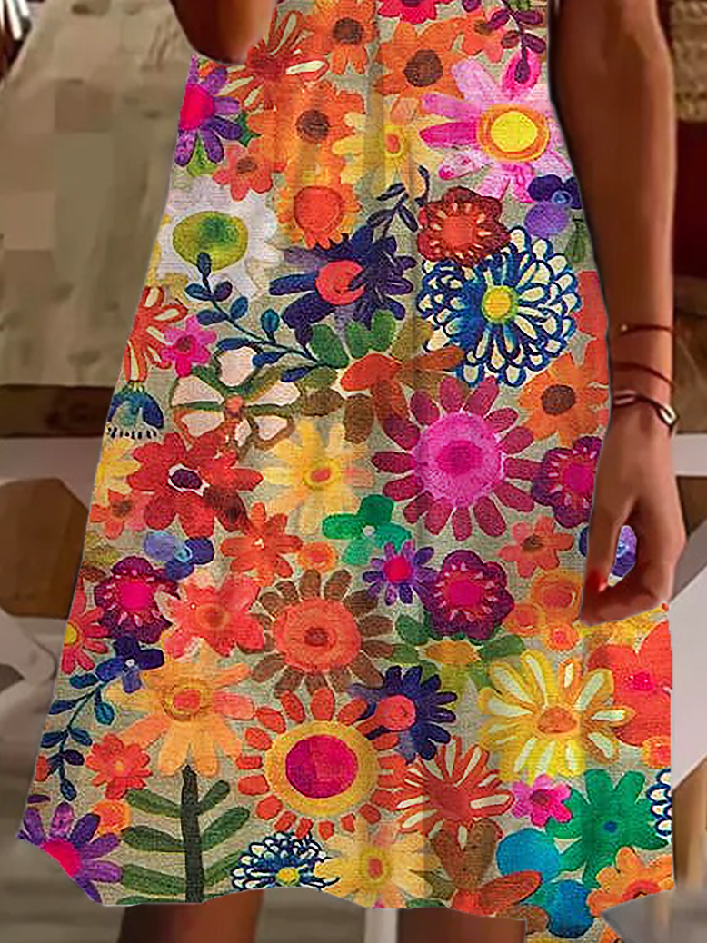 Damen Geblümt Kurzarm Sommer Print Kleid V-Ausschnitt Täglich Lässig Knielänge T-Shirt-Kleid H-Linie Kleid