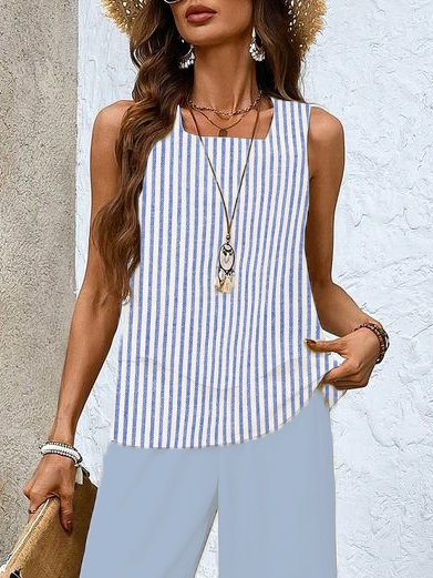 Damen Gestreift Print Zweiteiliges Set Täglich Ärmellos Lässig Sommer Bluse mit Hose Matching Set