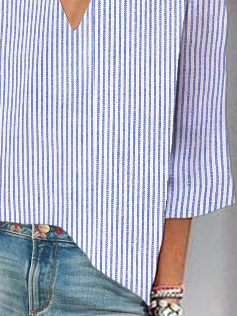 Damen Gestreift Dreiviertelärmel Bluse Frühling/Herbst Print V-Ausschnitt Täglich Lässig Oberteile