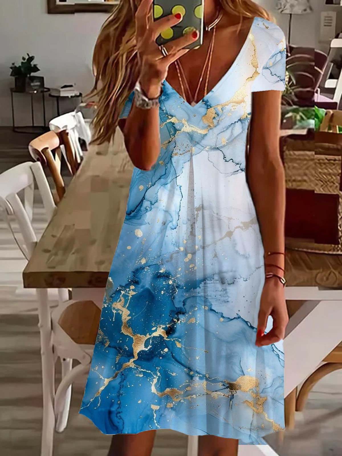 Damen Abstrakt Kurzarm Sommer Print Kleid V-Ausschnitt Täglich Lässig Knielänge T-Shirt-Kleid H-Linie Kleid