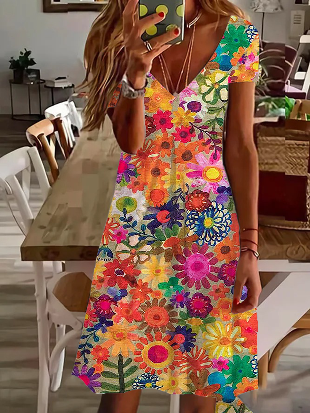 Damen Geblümt Kurzarm Sommer Print Kleid V-Ausschnitt Täglich Lässig Knielänge T-Shirt-Kleid H-Linie Kleid