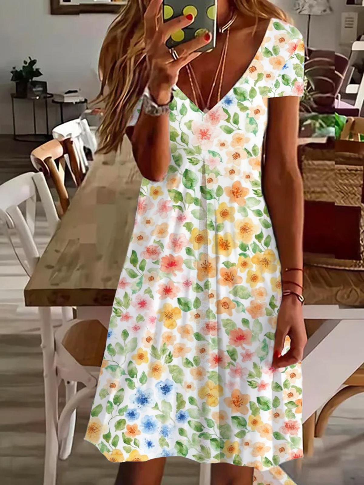 Damen Geblümt Kurzarm Sommer Print Kleid V-Ausschnitt Täglich Lässig Knielänge T-Shirt-Kleid H-Linie Kleid