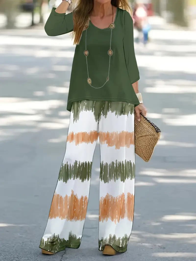 Damen Gestreift Print Zweiteiliges Set Täglich Langarm Lässig Frühling/Herbst Bluse mit Hose Matching Set