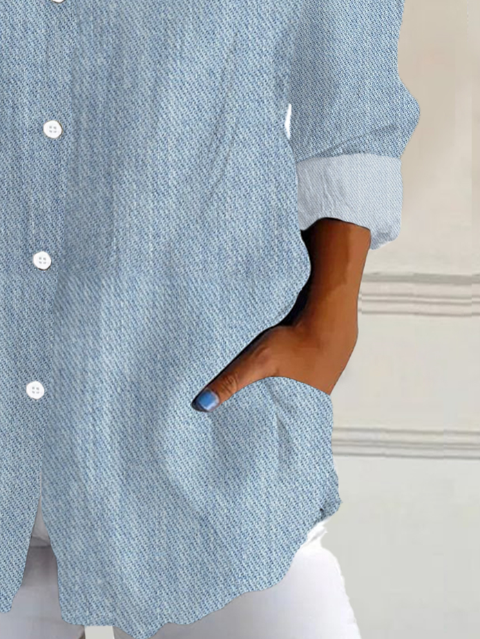 Damen Grafik mit Denim-Imitat-Print Langarm Bluse Frühling/Herbst Schnalle Hemdkragen Täglich Lässig Oberteile