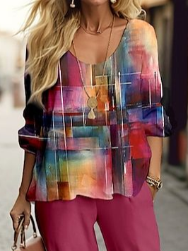 Damen Kariert Print Zweiteiliges Set Täglich Langarm Lässig Frühling/Herbst Bluse mit Hose Matching Set