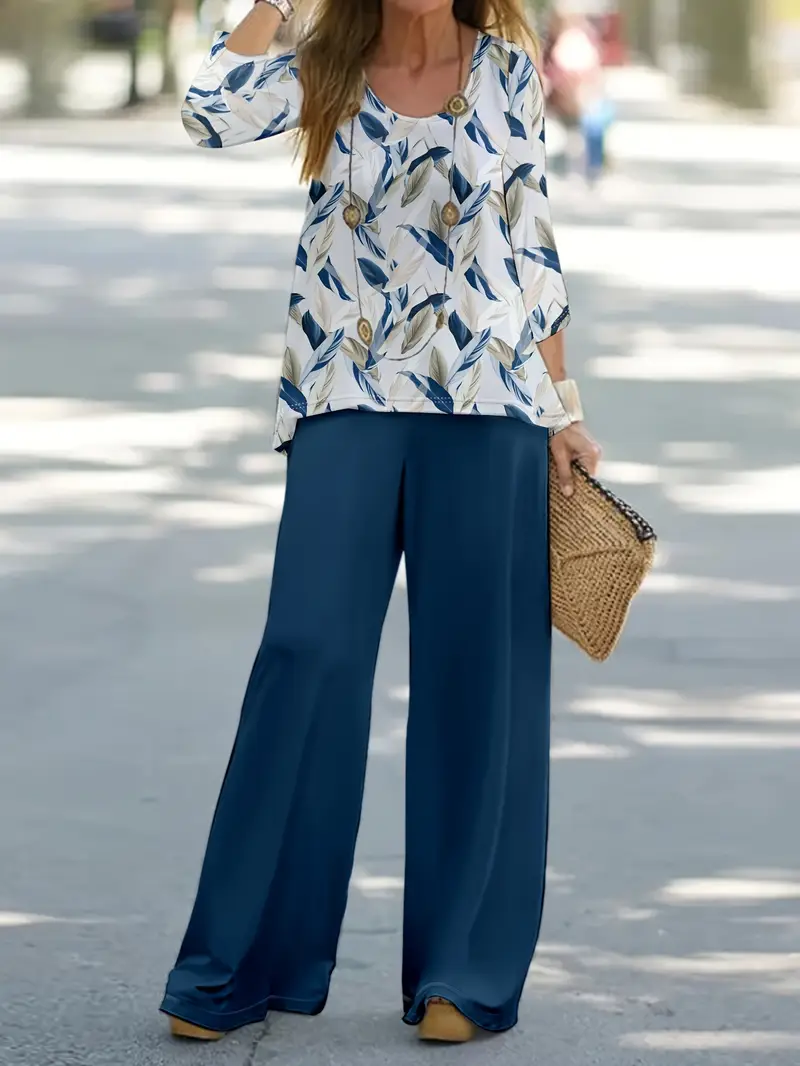 Damen Geblümt Print Zweiteiliges Set Täglich Langarm Lässig Frühling/Herbst Bluse mit Hose Matching Set