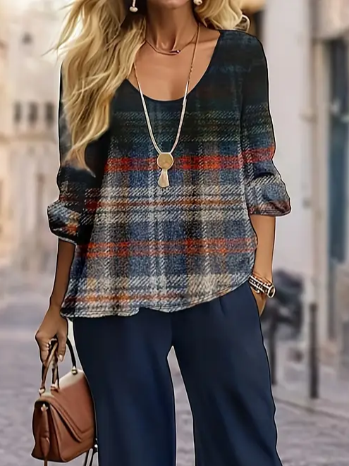 Damen Kariert Print Zweiteiliges Set Täglich Langarm Lässig Frühling/Herbst Bluse mit Hose Matching Set