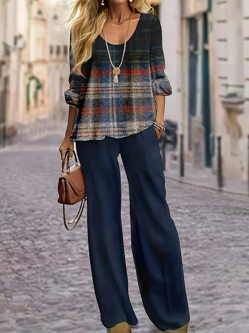 Damen Kariert Print Zweiteiliges Set Täglich Langarm Lässig Frühling/Herbst Bluse mit Hose Matching Set